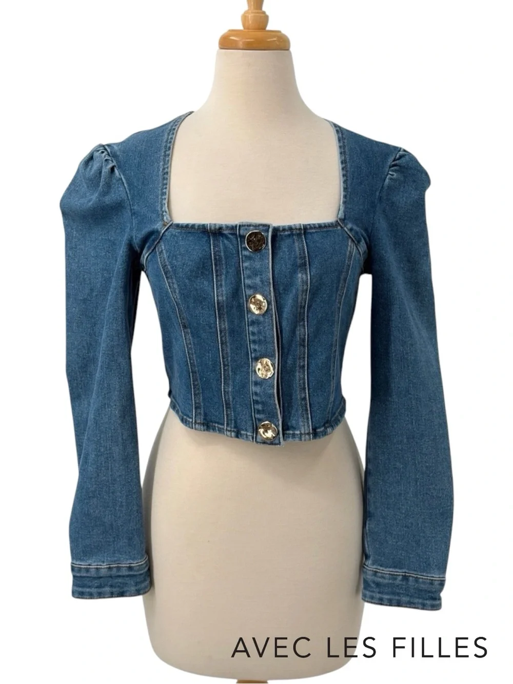 Avec Les Filles **NWT** Denim Puff Sleeve Square Neck Cropped Blue Jean Jacket - Picture 8 of 11